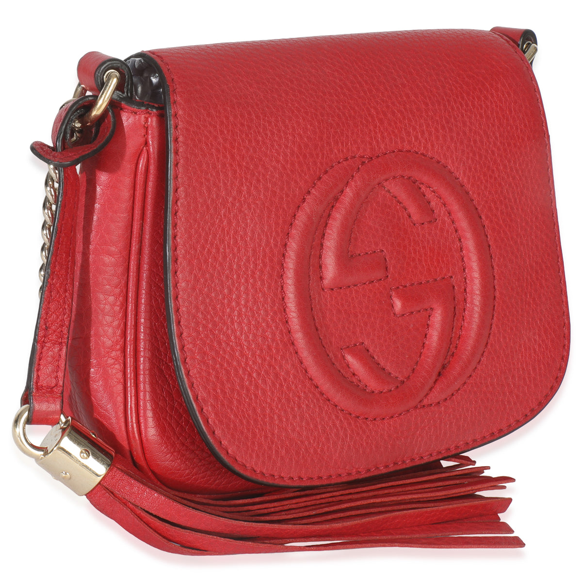 Gucci Red Pebbled Calfskin Interlocking G Small Soho Flap Bag Handbag pv