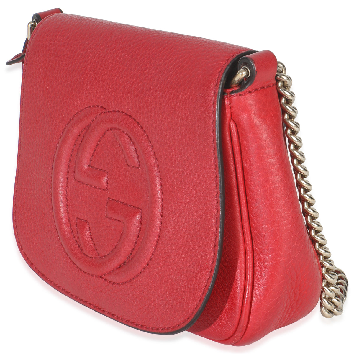 Gucci Red Pebbled Calfskin Interlocking G Small Soho Flap Bag Handbag sv