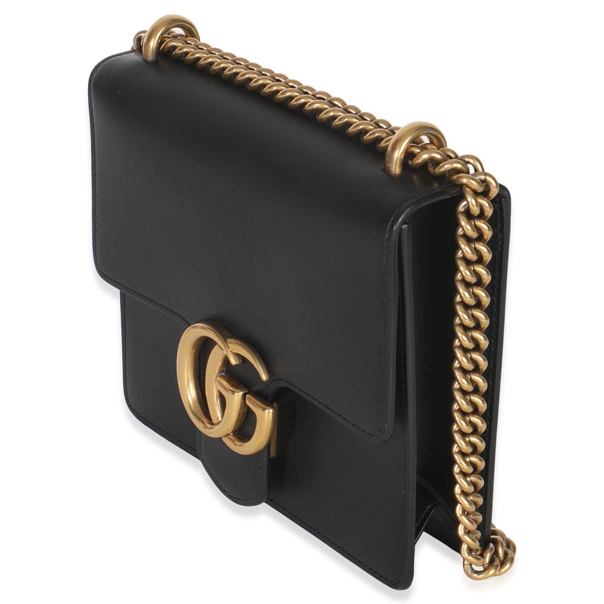 Gucci Black Smooth Calfskin Small GG Marmont Chain Bag Handbag pv