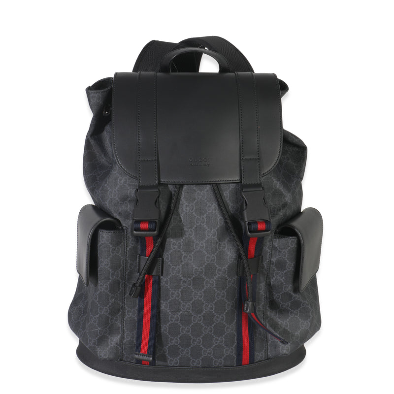 Black Soft GG Supreme Calfskin Web Double Buckle Backpack