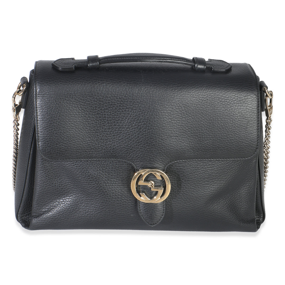 Gucci Black Pebbled Calfskin Medium Interlocking G Flap Bag Handbag fv