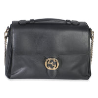 Gucci Black Pebbled Calfskin Medium Interlocking G Flap Bag Handbag fv