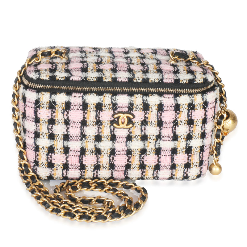 Pink Multicolor Tweed Pearl Crush Vanity Case With Chain