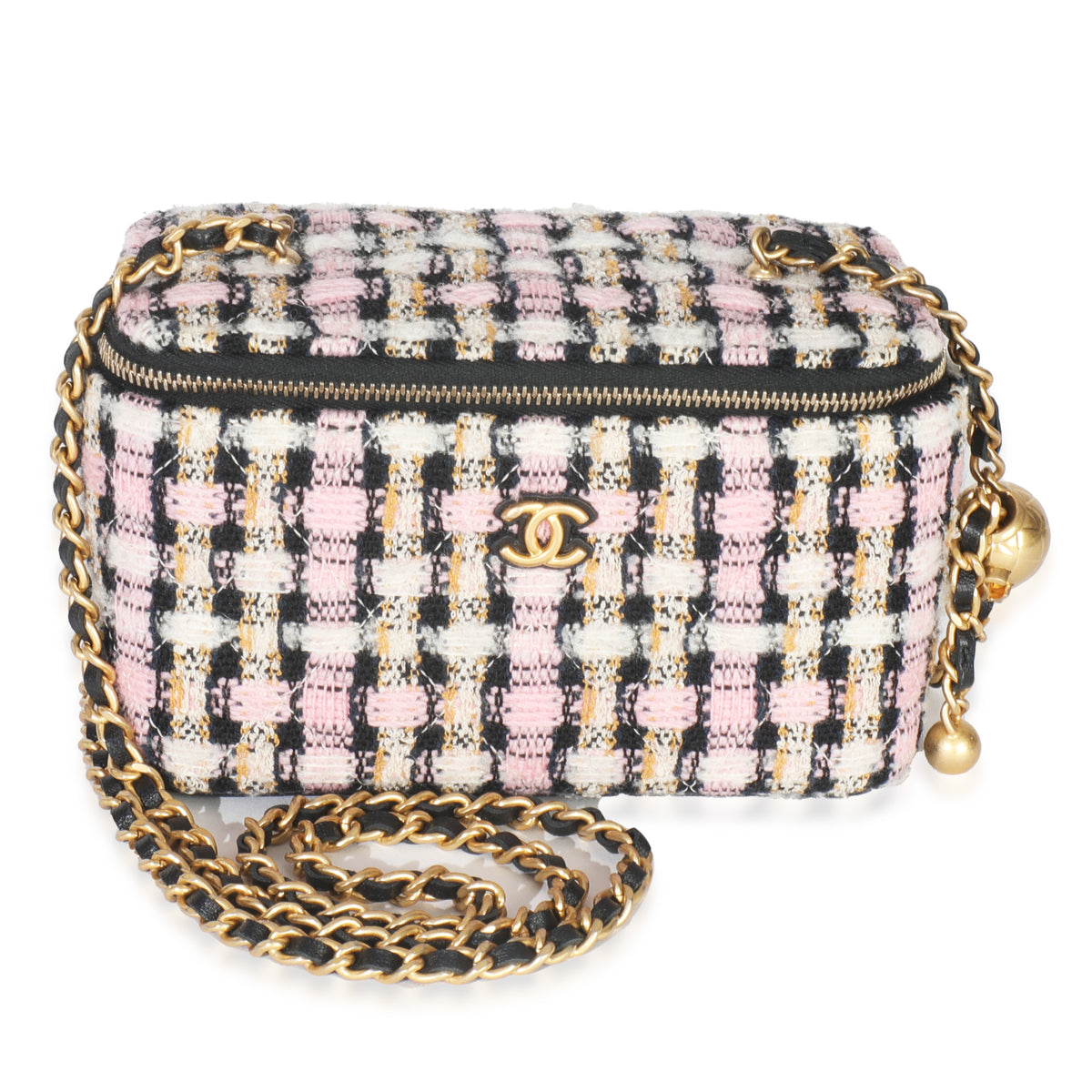 Pink Multicolor Tweed Pearl Crush Vanity Case With Chain