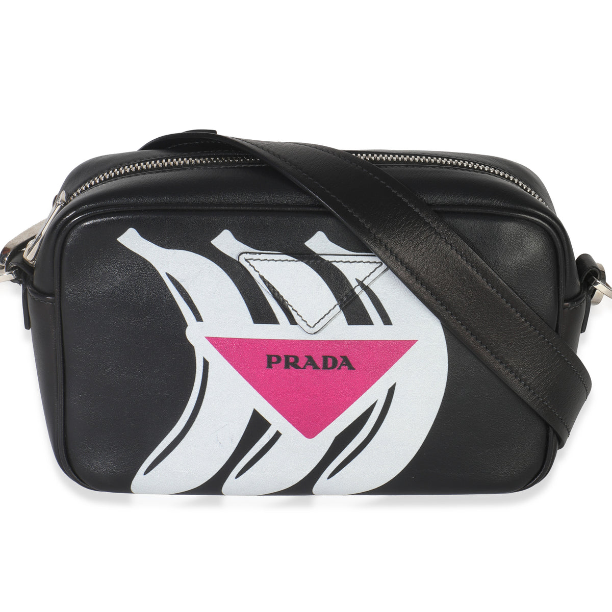 Prada Black Pink Calfskin Banana Logo Crossbody Bag Handbag fv