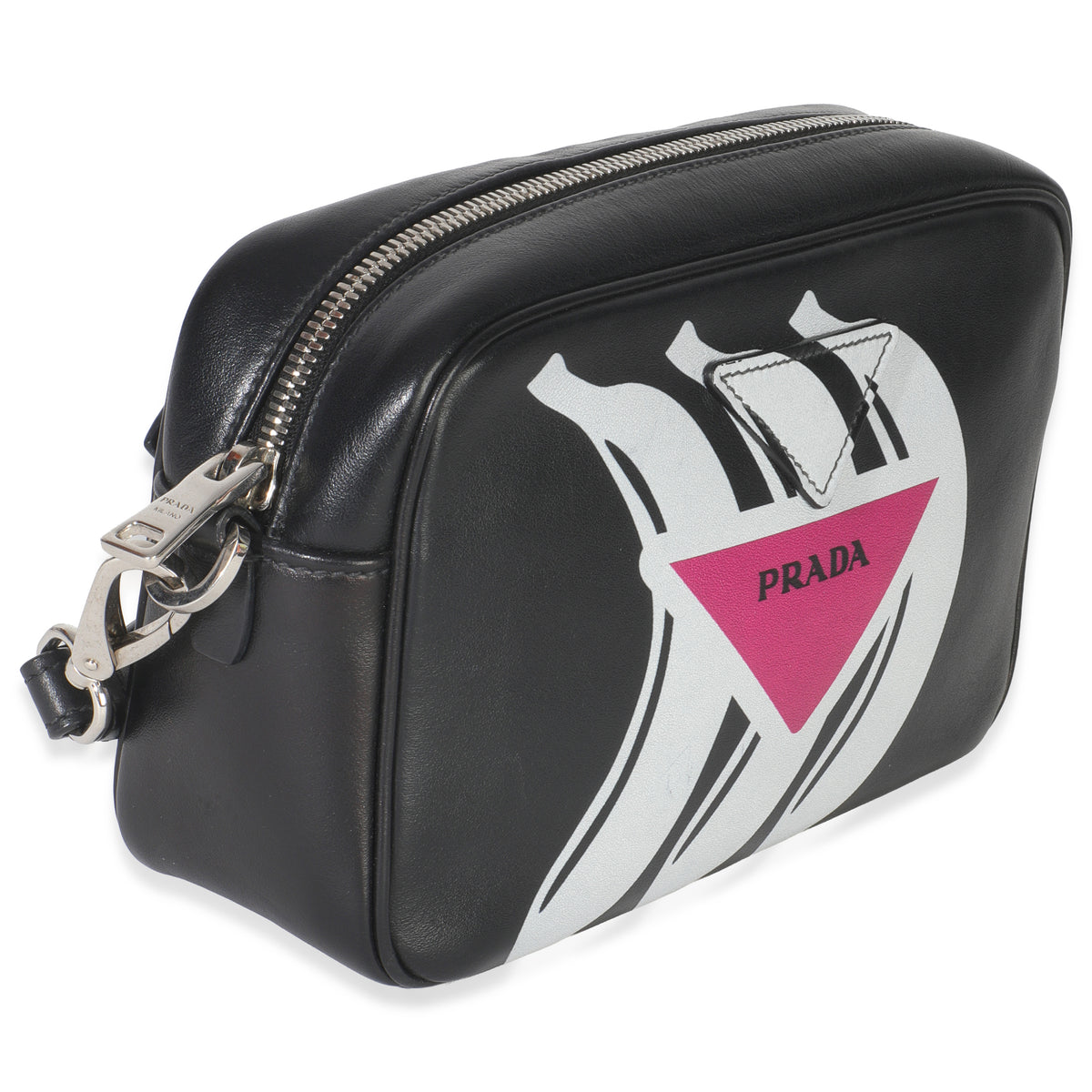 Prada Black Pink Calfskin Banana Logo Crossbody Bag Handbag pv