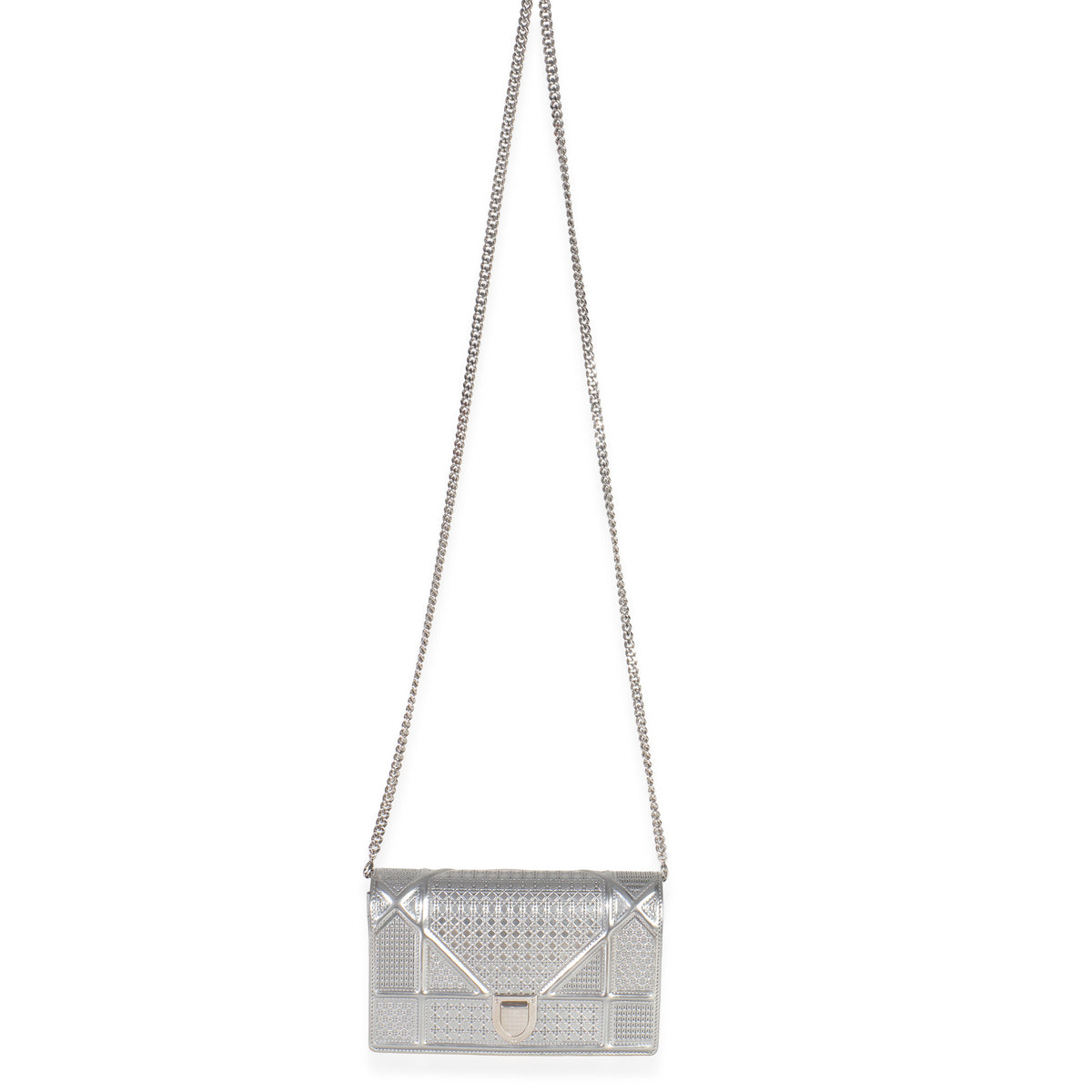 Christian Dior Silver Microcannage Calfskin Diorama Wallet On Chain Handbag av