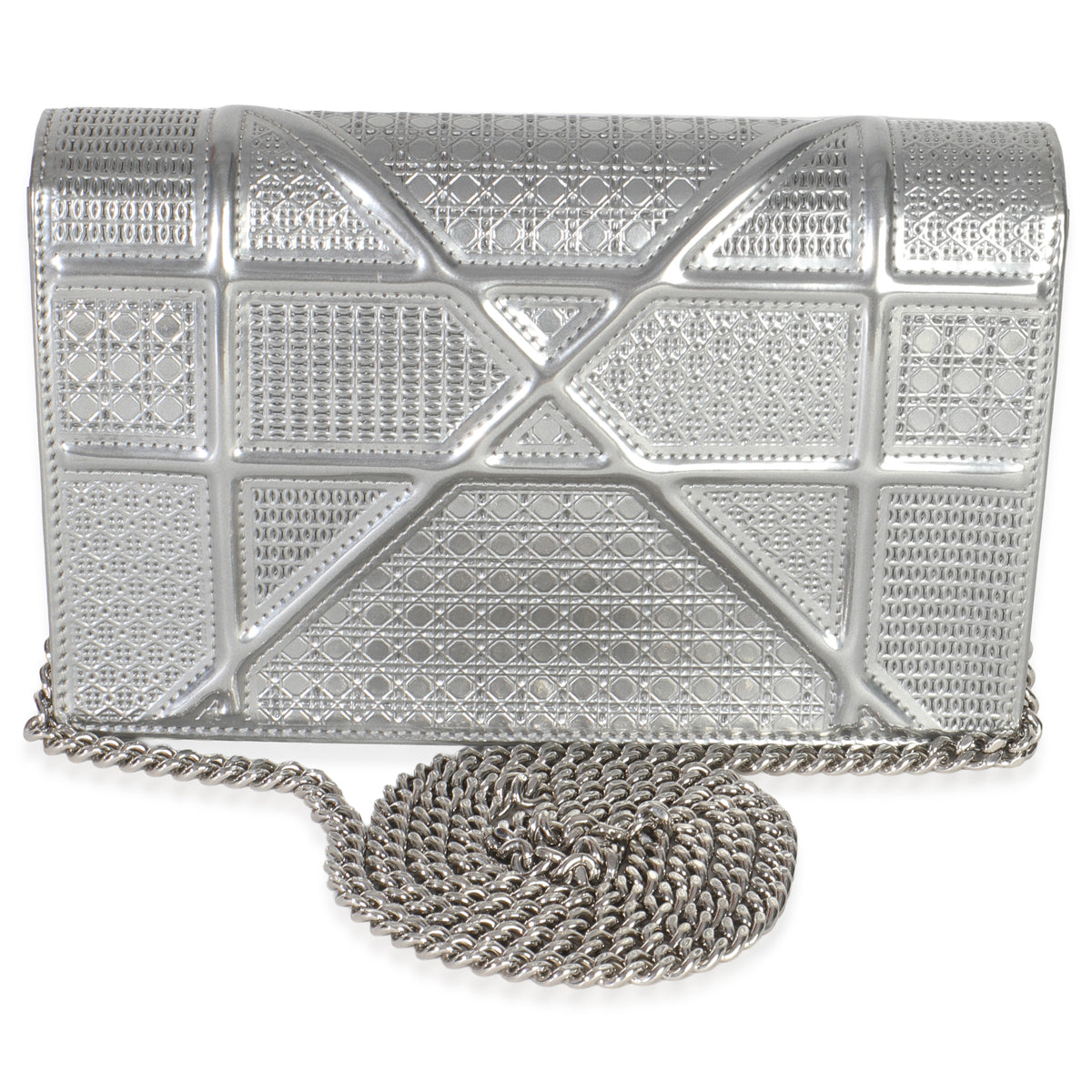 Christian Dior Silver Microcannage Calfskin Diorama Wallet On Chain Handbag bv