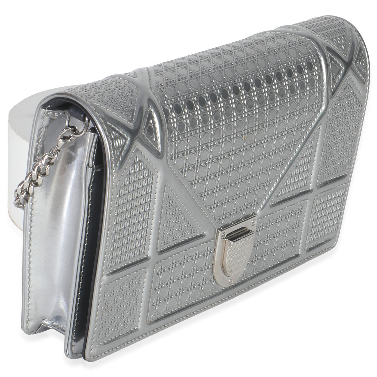 Christian Dior Silver Microcannage Calfskin Diorama Wallet On Chain Handbag pv