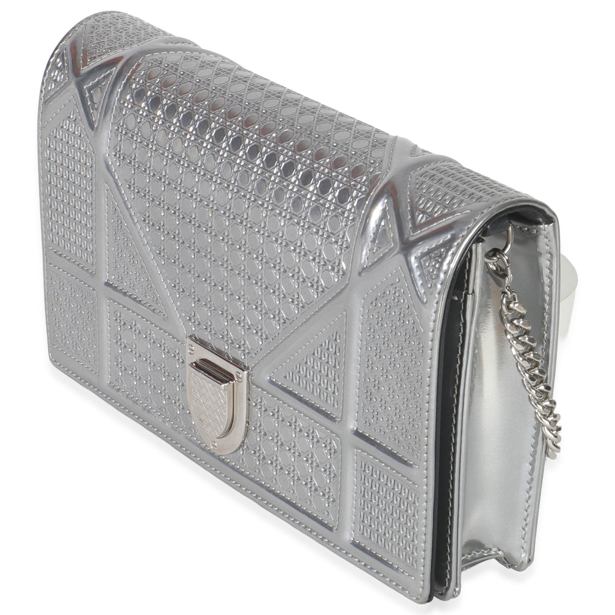 Christian Dior Silver Microcannage Calfskin Diorama Wallet On Chain Handbag sv