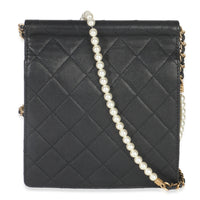 Black Quilted Goatskin Vertical Chic Pearls Flap Bag