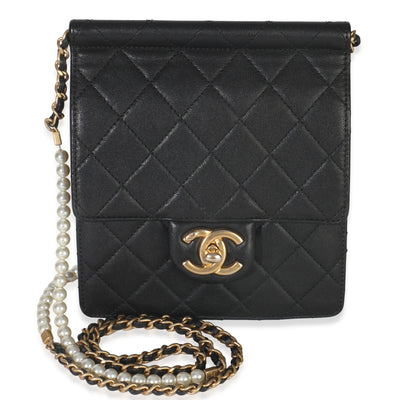 Black Quilted Goatskin Vertical Chic Pearls Flap Bag