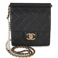 Black Quilted Goatskin Vertical Chic Pearls Flap Bag