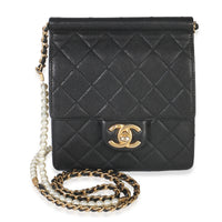 Black Quilted Goatskin Vertical Chic Pearls Flap Bag
