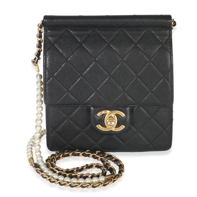 Black Quilted Goatskin Vertical Chic Pearls Flap Bag
