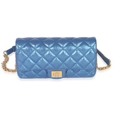 Chanel Blue Metallic Aged Quilted Calfskin 2.55 Reissue Flap Belt Bag Handbag fv