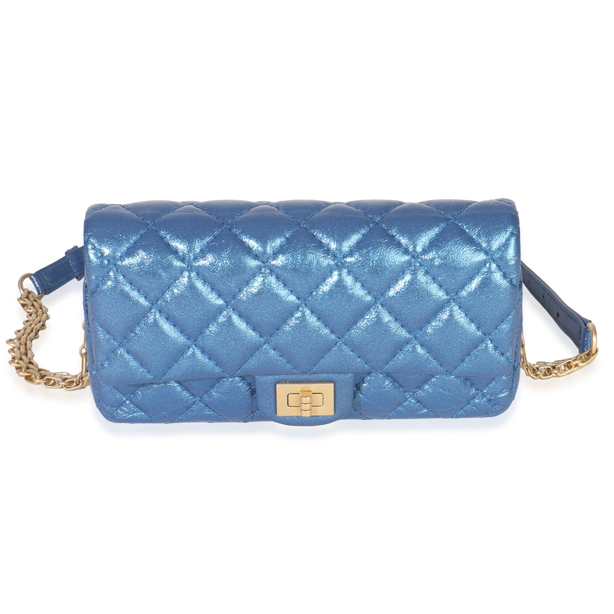 Chanel Blue Metallic Aged Quilted Calfskin 2.55 Reissue Flap Belt Bag Handbag fv
