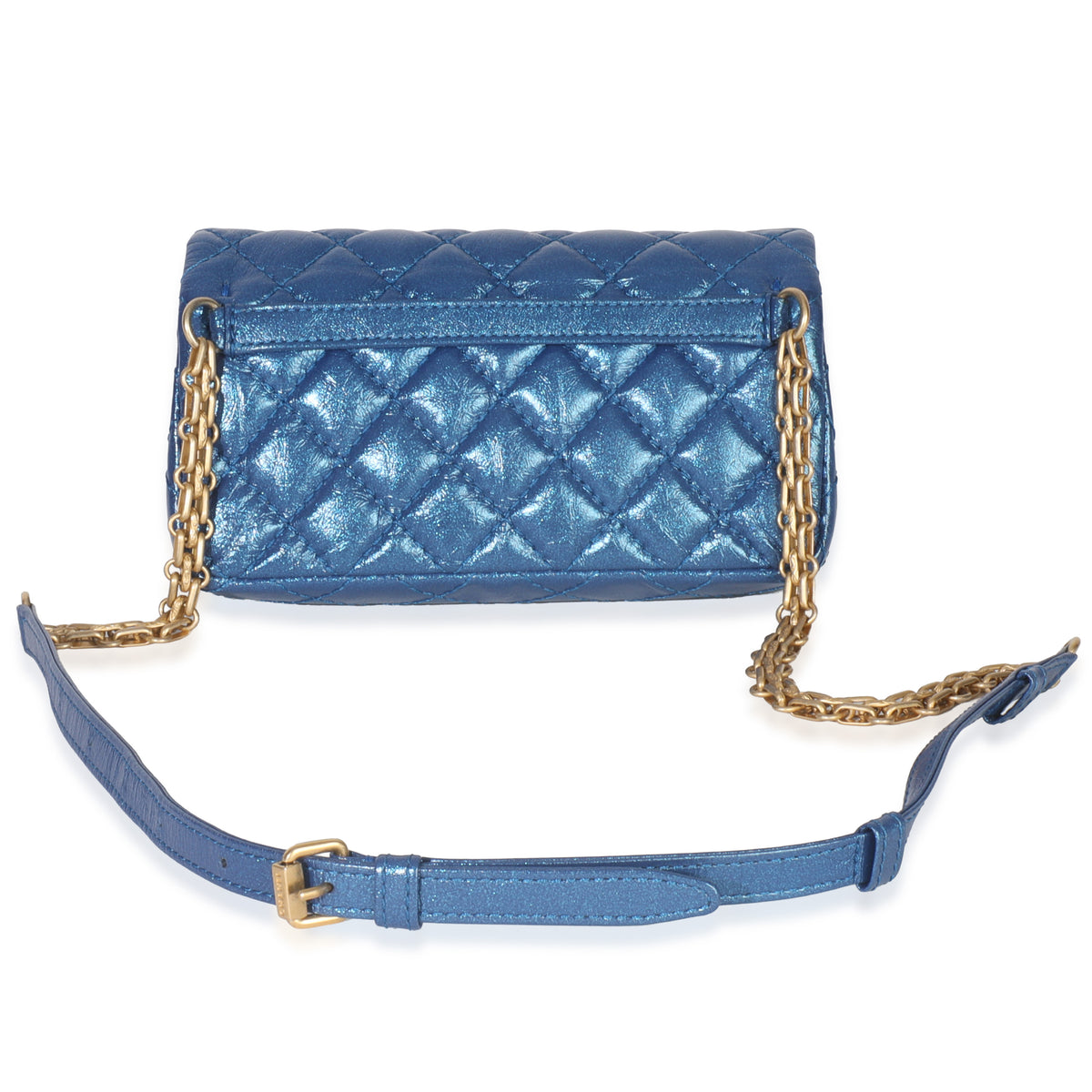 Chanel Blue Metallic Aged Quilted Calfskin 2.55 Reissue Flap Belt Bag Handbag bv