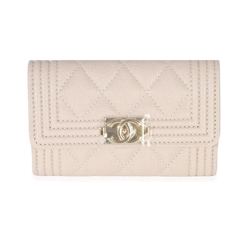 Beige Quilted Caviar Boy Card Holder Wallet