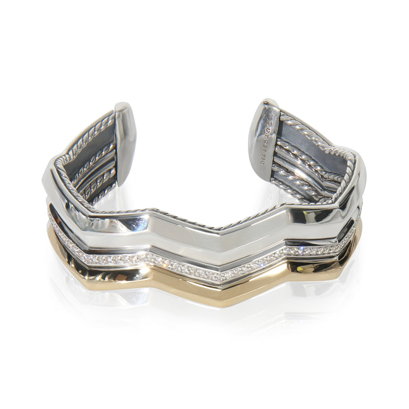 Yellow Gold & Sterling Silver Diamond Zigzag Stax 3 Row Cuff Bracel