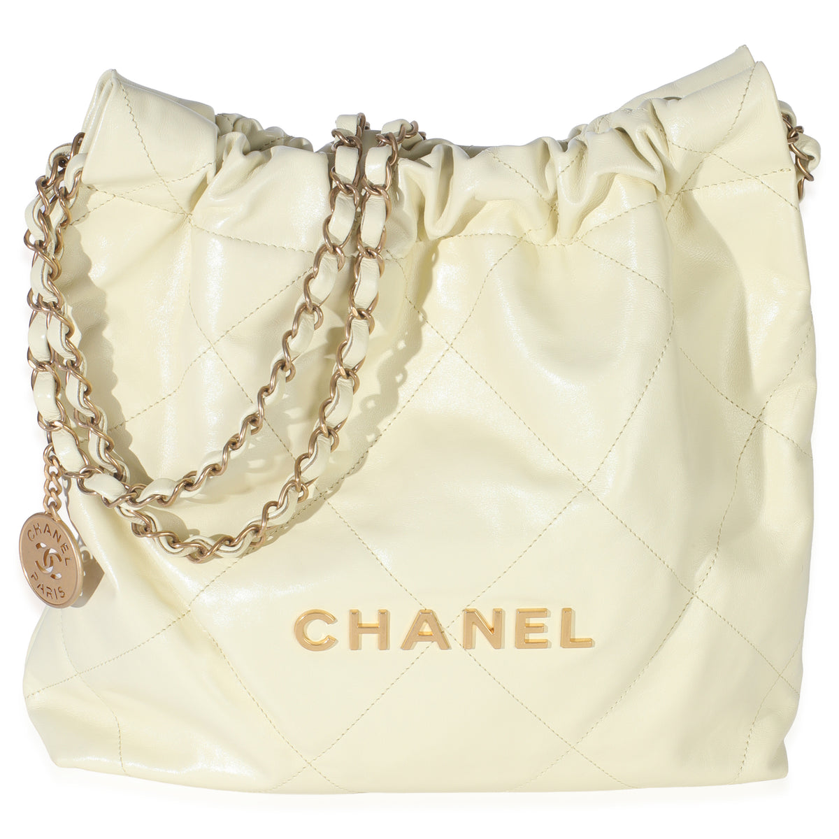 Chanel Pale Yellow Quilted Lambskin  Small 22 Hobo Handbag fv