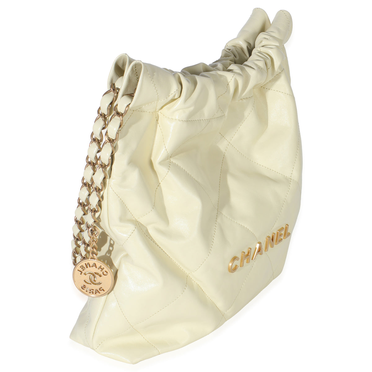 Chanel Pale Yellow Quilted Lambskin  Small 22 Hobo Handbag pv