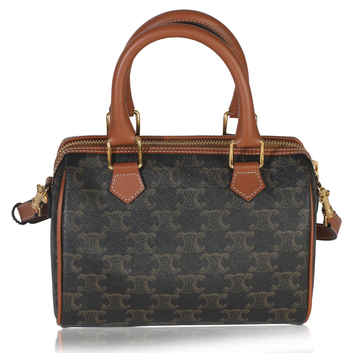 Tan Calfskin Brown Triomphe Canvas Small Boston Bag