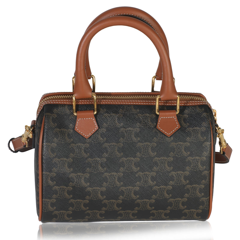 Tan Calfskin Brown Triomphe Canvas Small Boston Bag