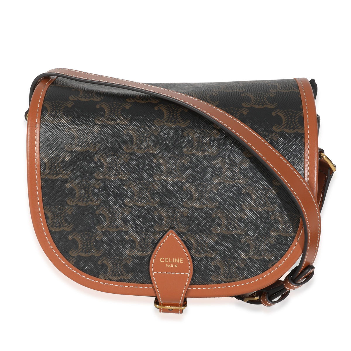 Celine Tan Calfskin Brown Triomphe Canvas Medium Folco Crossbody Handbag id
