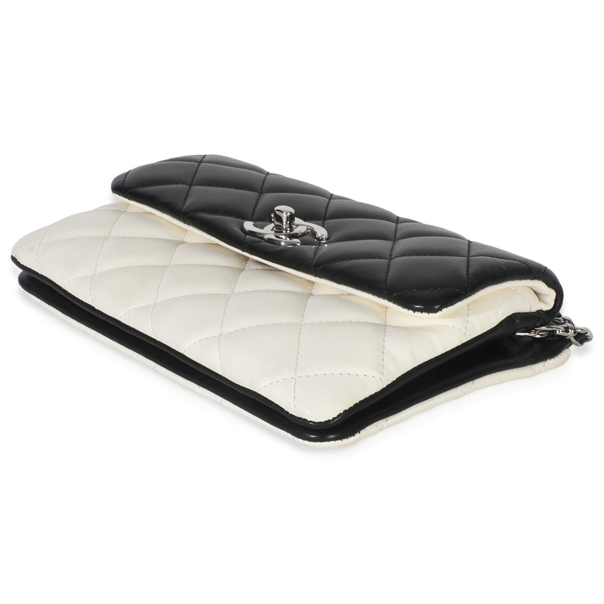Chanel Black White Quilted Lambskin Front Pocket Chain Flap Bag Handbag box