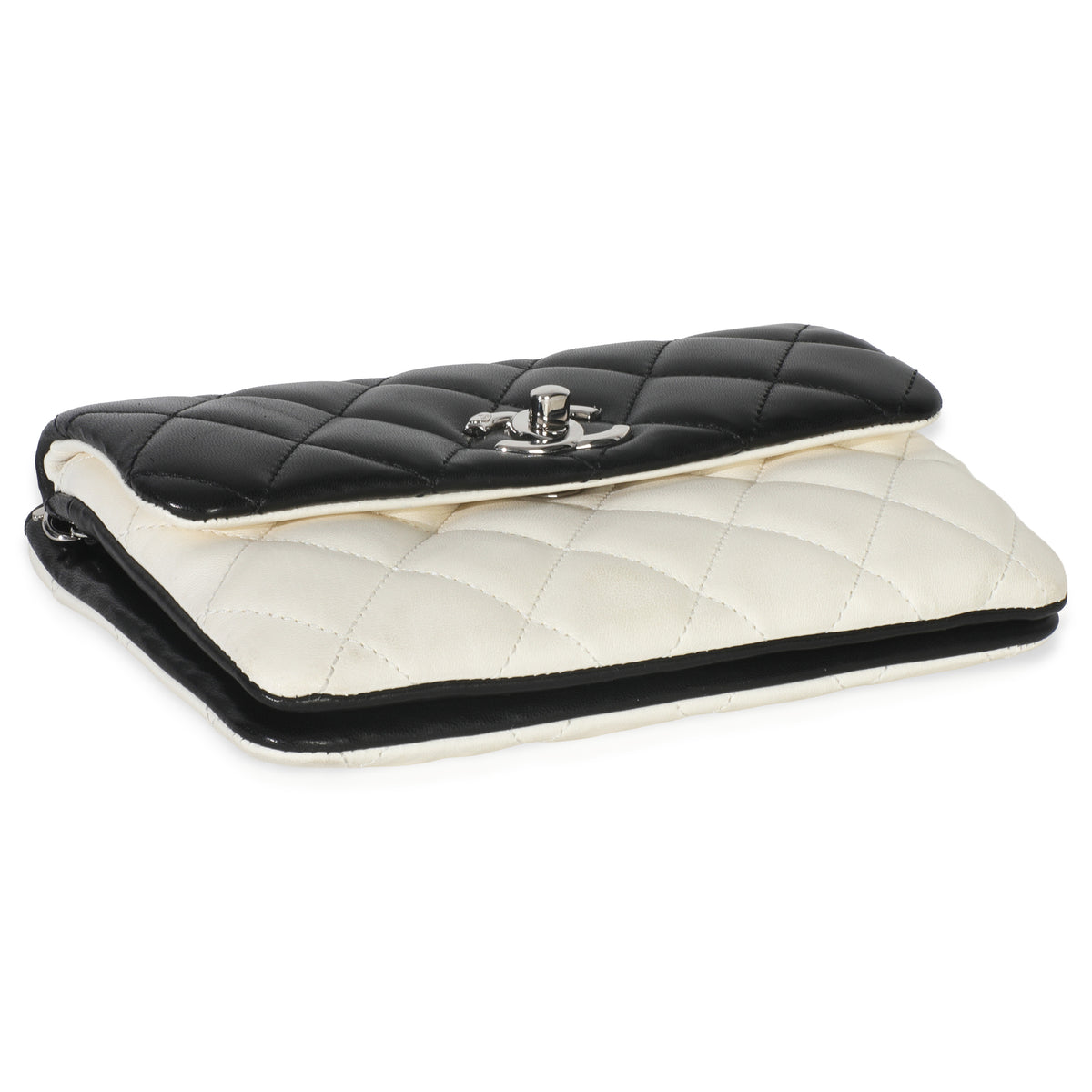 Chanel Black White Quilted Lambskin Front Pocket Chain Flap Bag Handbag clasp