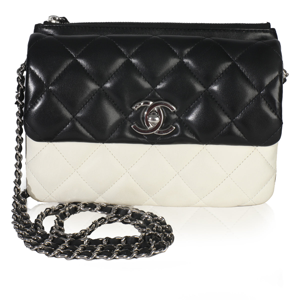 Chanel Black White Quilted Lambskin Front Pocket Chain Flap Bag Handbag fv