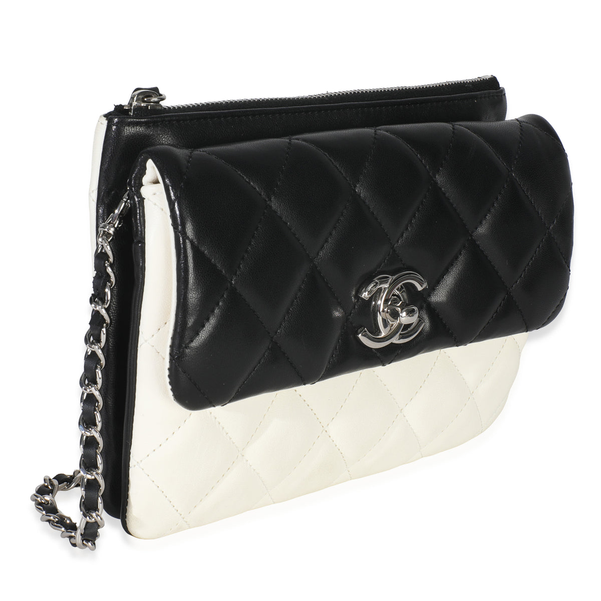 Chanel Black White Quilted Lambskin Front Pocket Chain Flap Bag Handbag pv