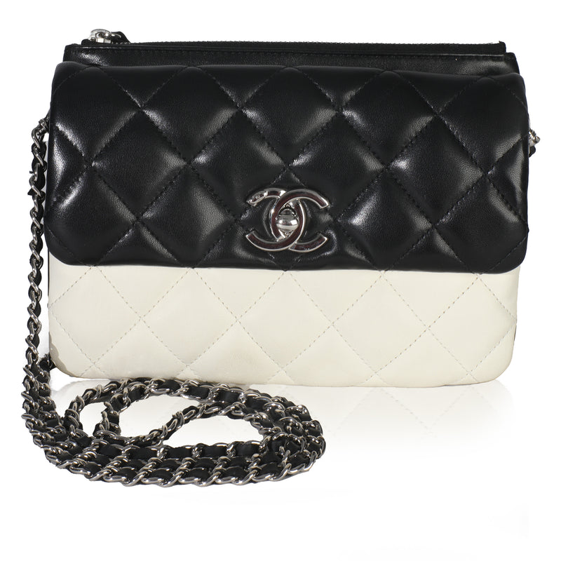 Black White Quilted Lambskin Front Pocket Chain Flap Bag