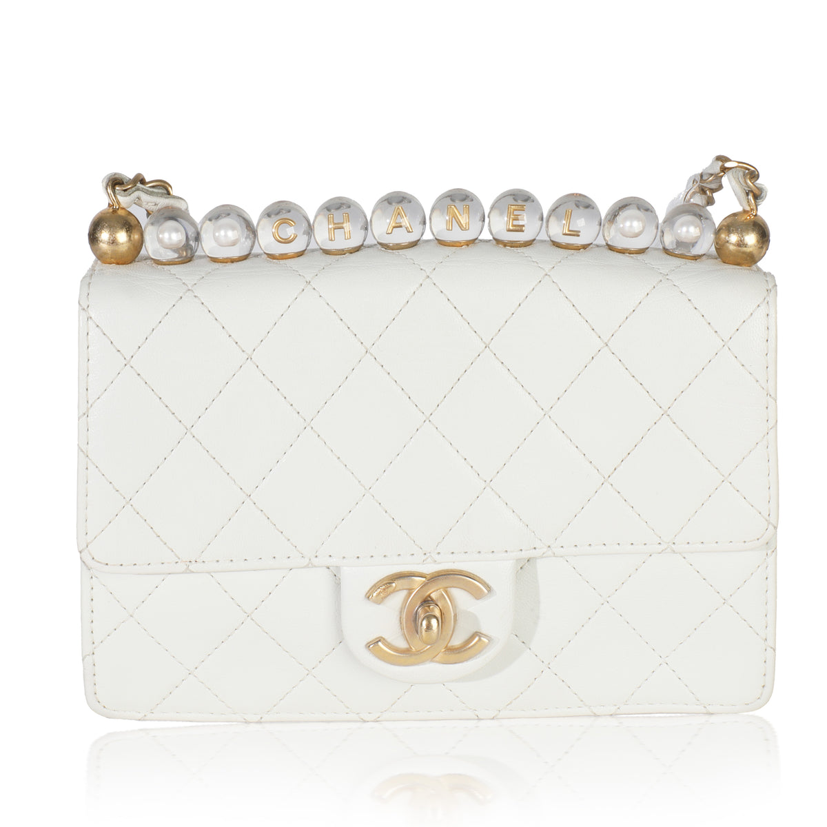 White Quilted Goatskin Small Chic Pearls Flap Bag