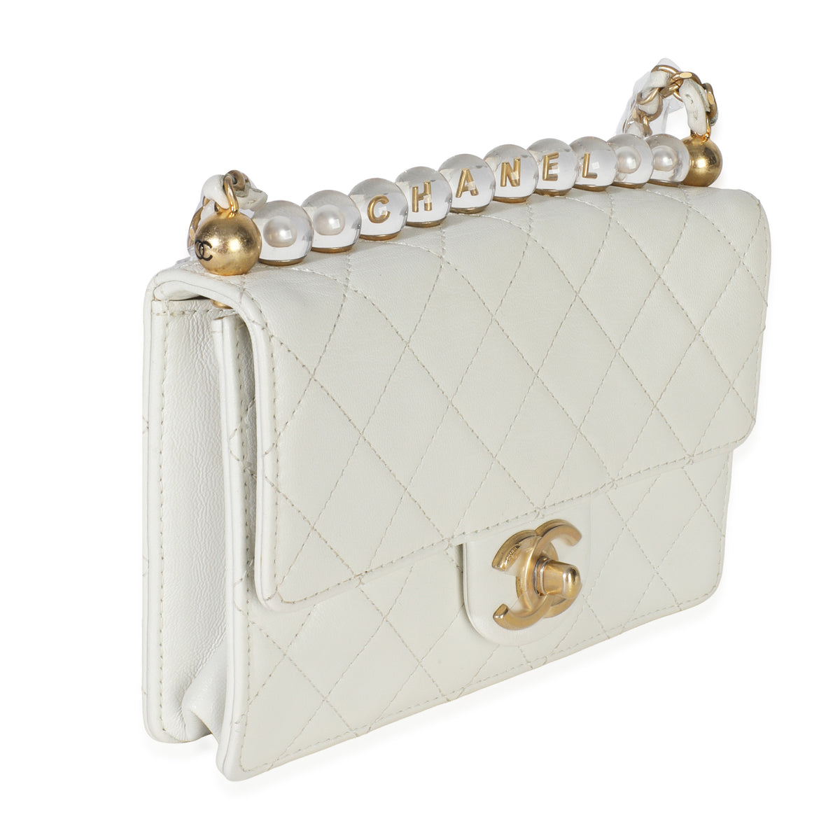 White Quilted Goatskin Small Chic Pearls Flap Bag