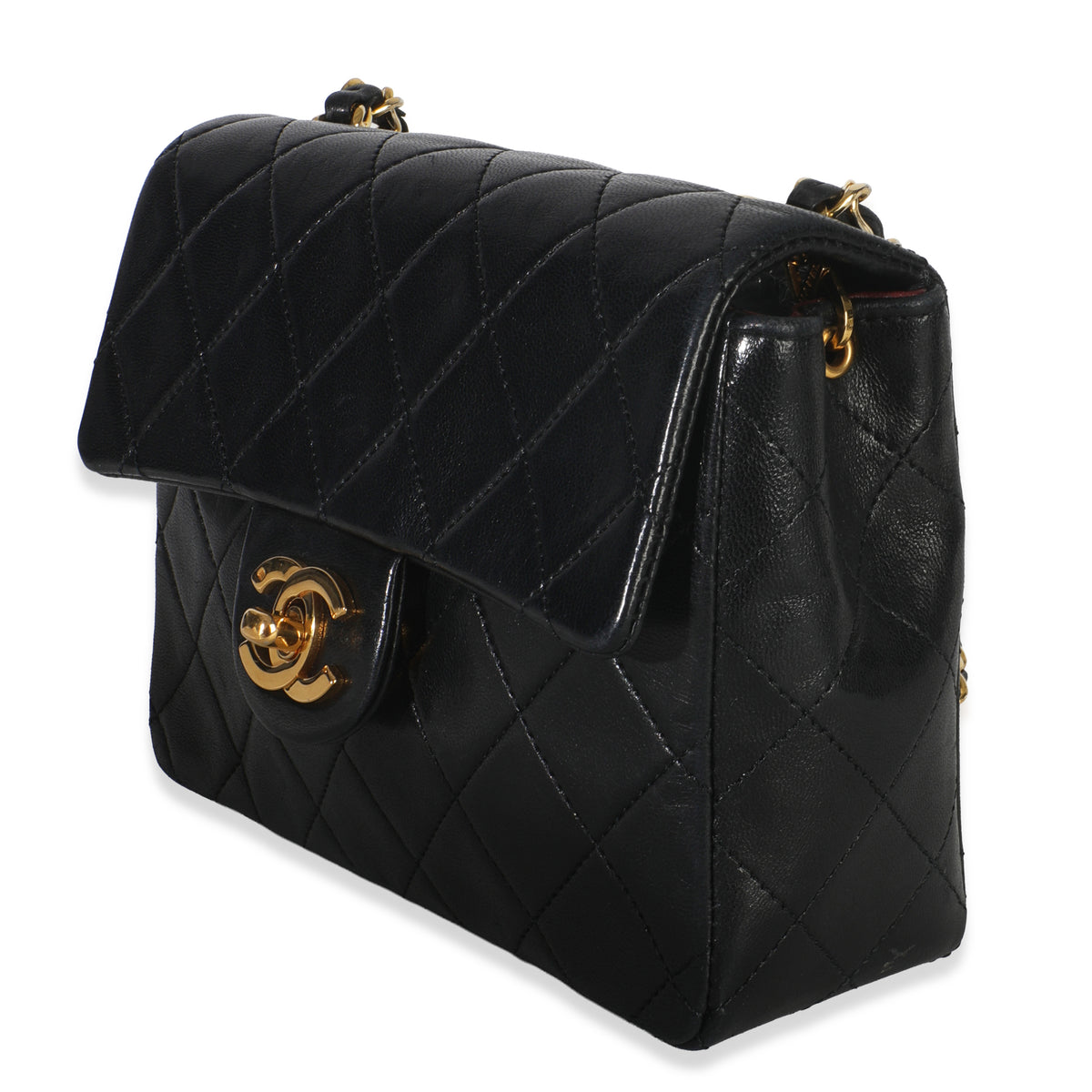 24k Vintage Black Quilted Lambskin Mini Square Flap Bag