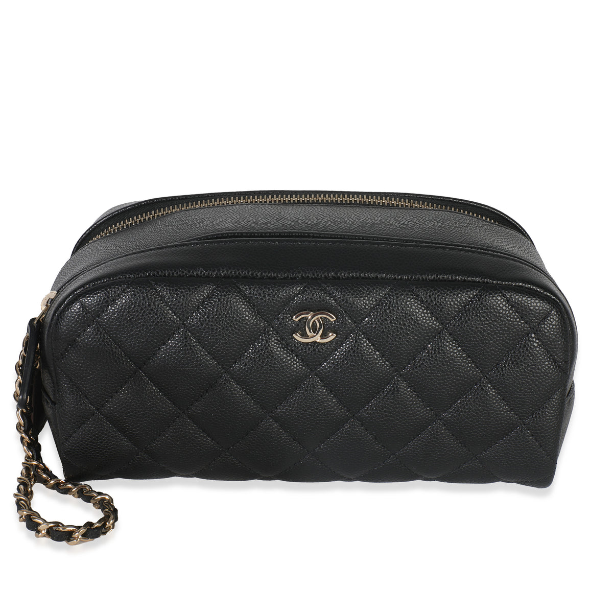 Chanel Black Quilted Caviar Toiletry Case With Chain Handbag fv