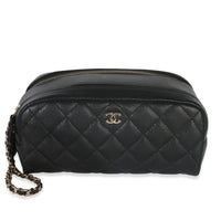 Chanel Black Quilted Caviar Toiletry Case With Chain Handbag fv
