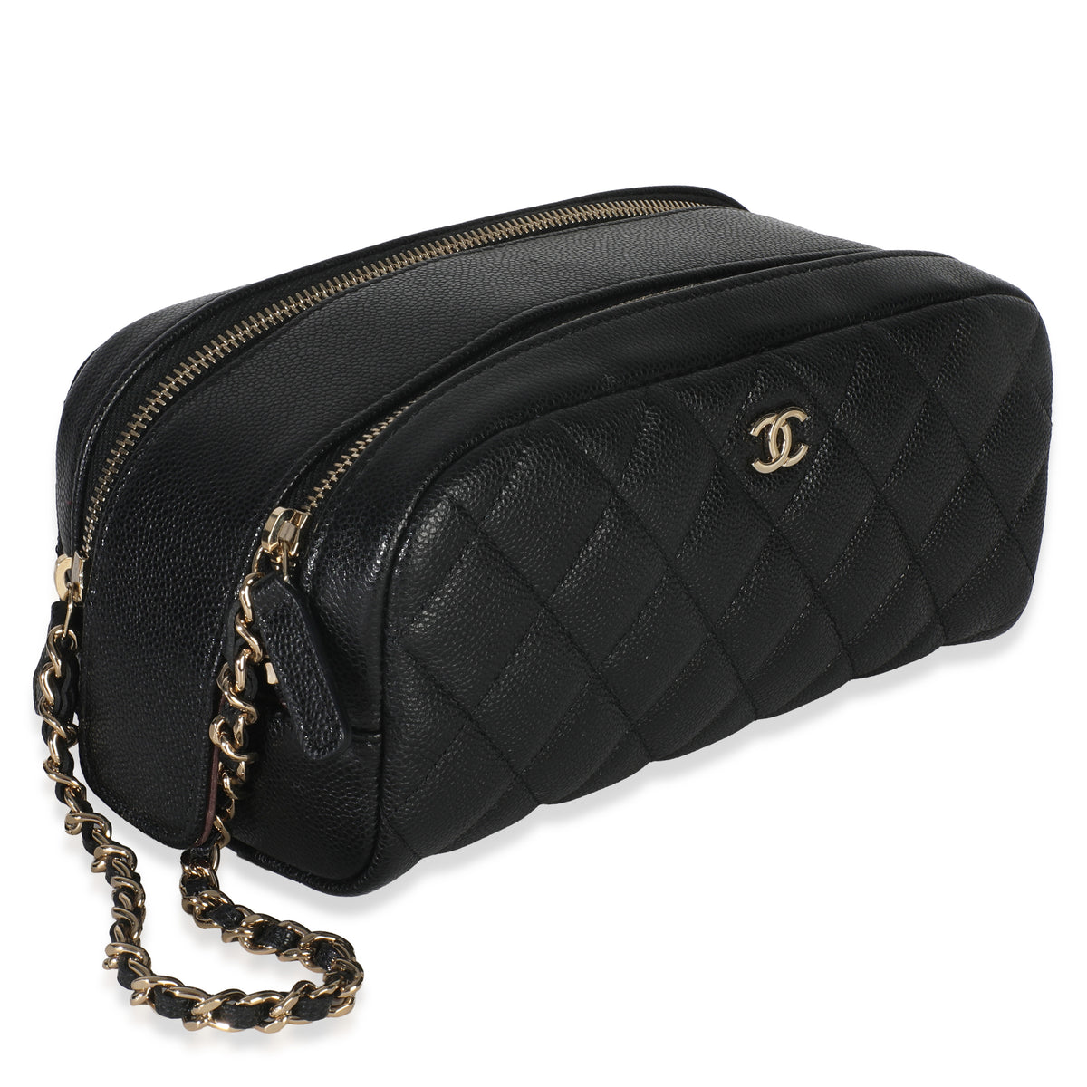 Chanel Black Quilted Caviar Toiletry Case With Chain Handbag pv