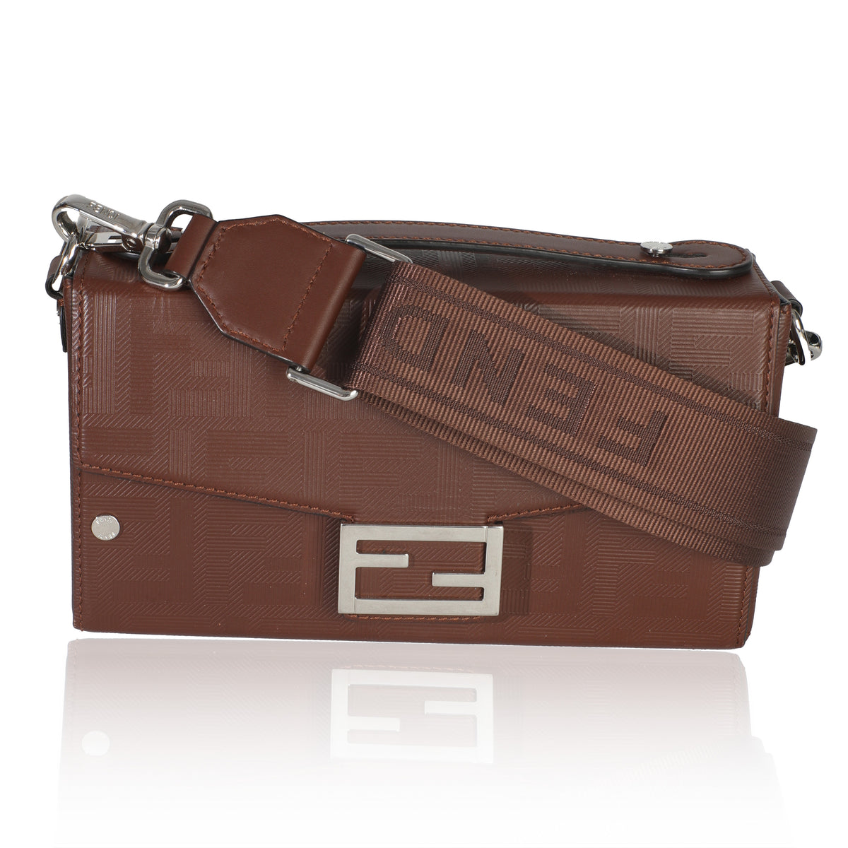 Fendi Brown FF Leather Baguette Soft Trunk Crossbody Handbag fv