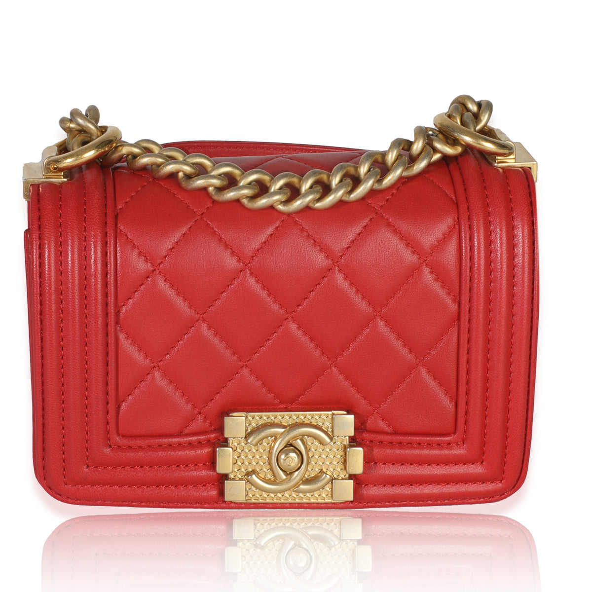 Chanel Red Quilted Lambskin Mini Boy Bag Handbag fv