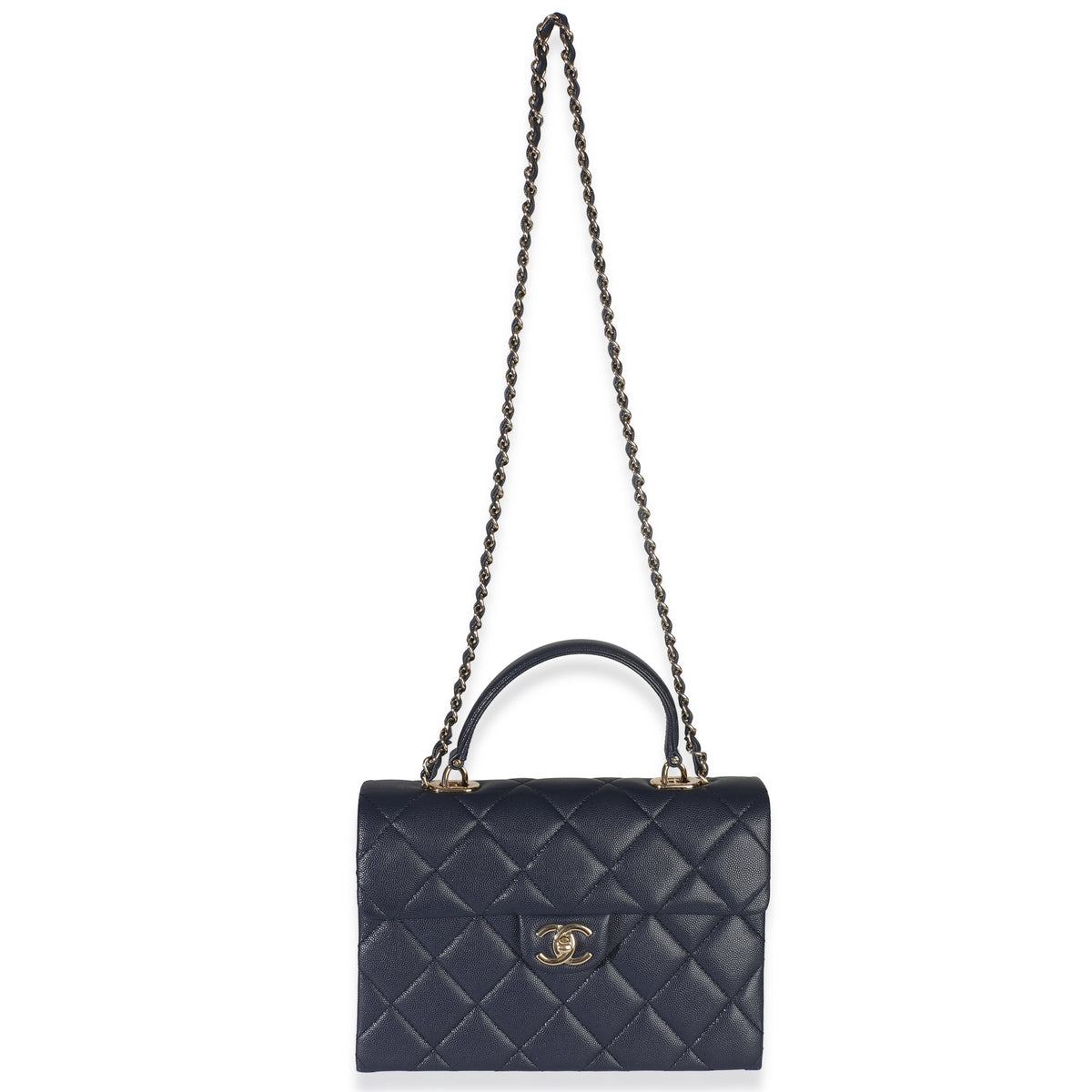 Navy Blue Quilted Caviar Retro Twist Top Handle Handbag