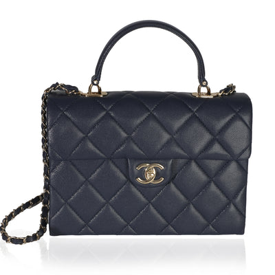 Navy Blue Quilted Caviar Retro Twist Top Handle Bag