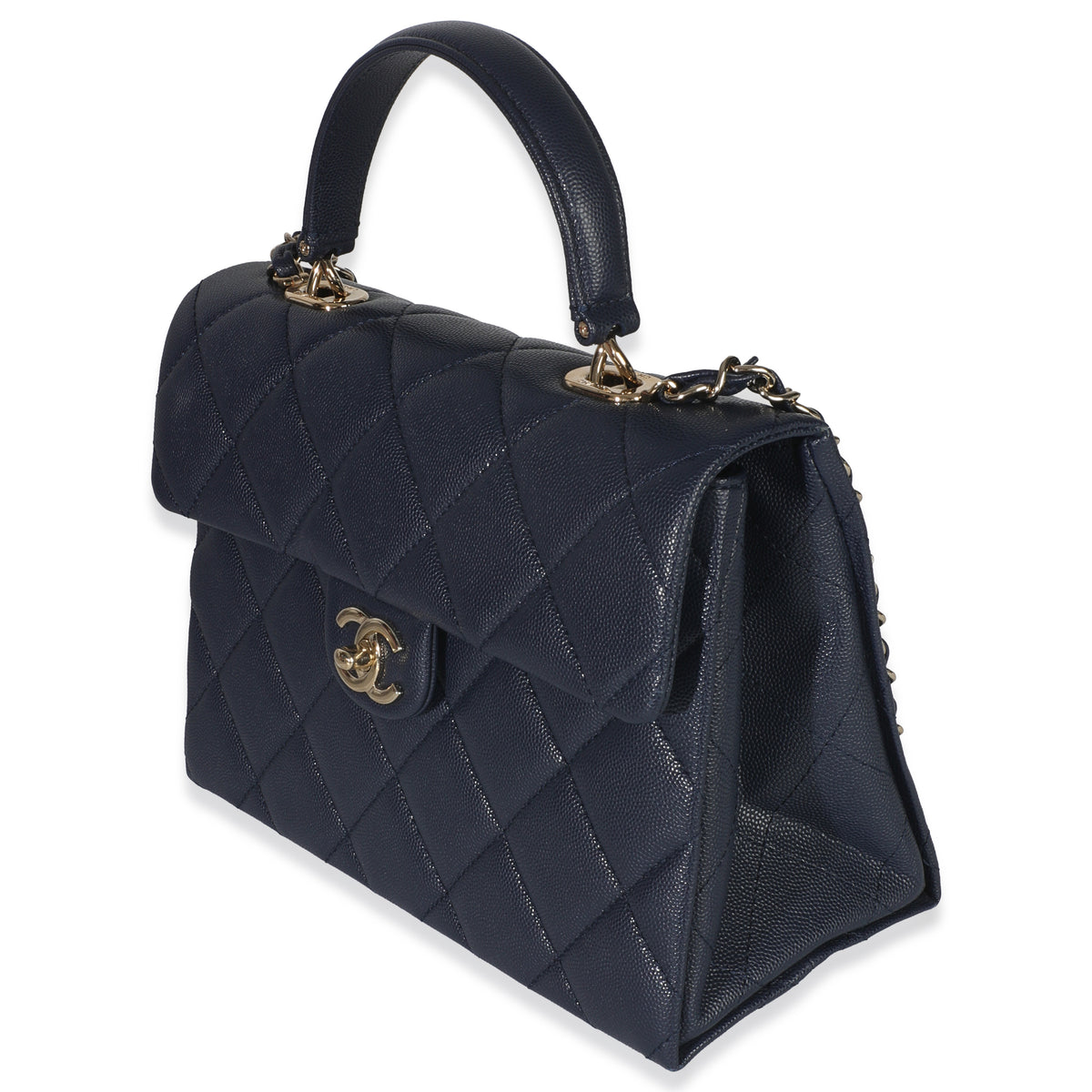 Navy Blue Quilted Caviar Retro Twist Top Handle Handbag
