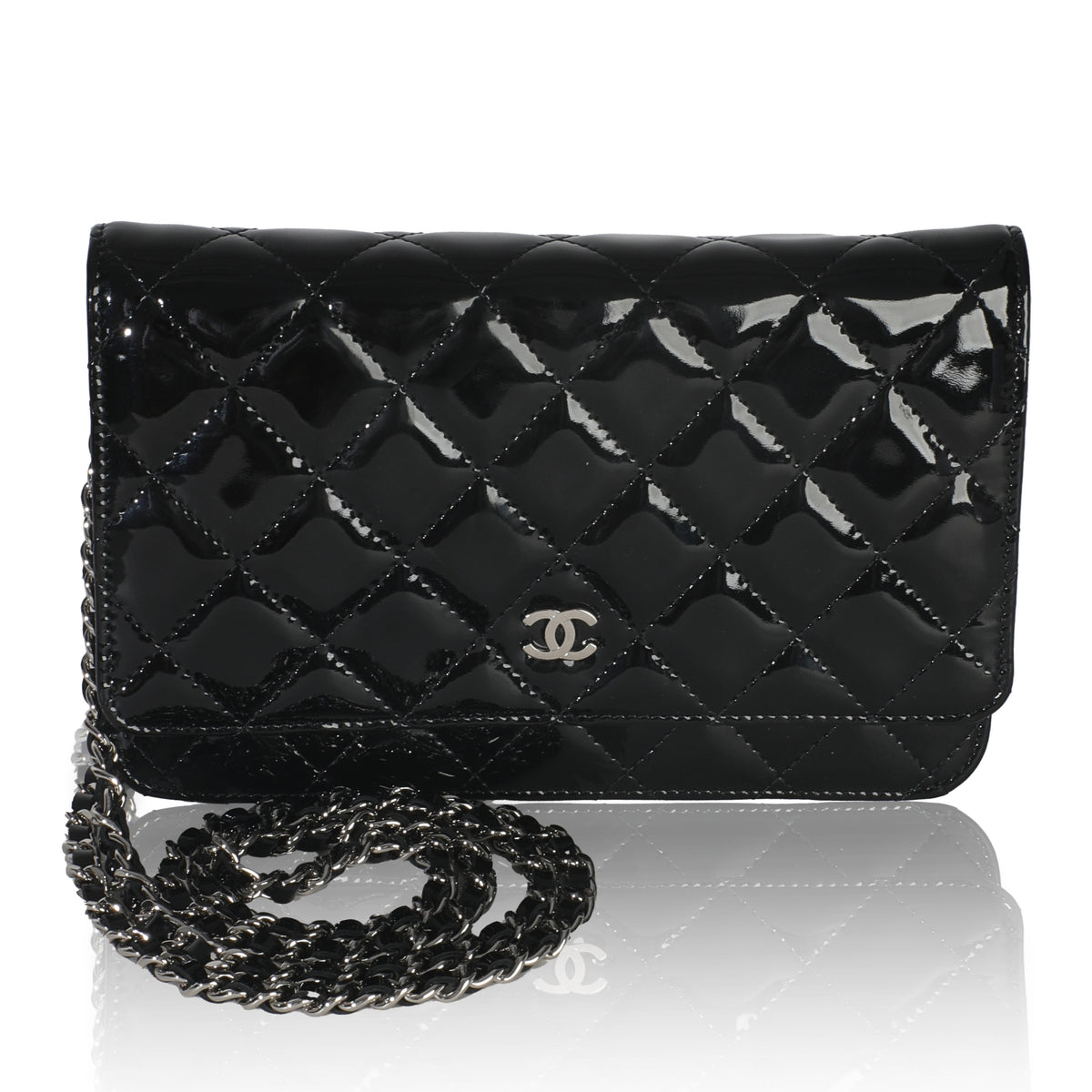 Black Quilted Patent Classic Wallet On Chain