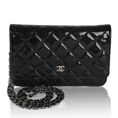 Black Quilted Patent Classic Wallet On Chain