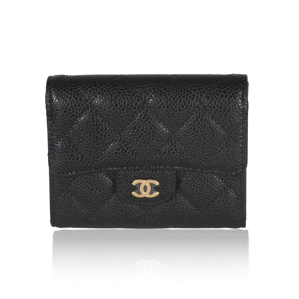 Black Quilted Caviar Compact Flap Wallet