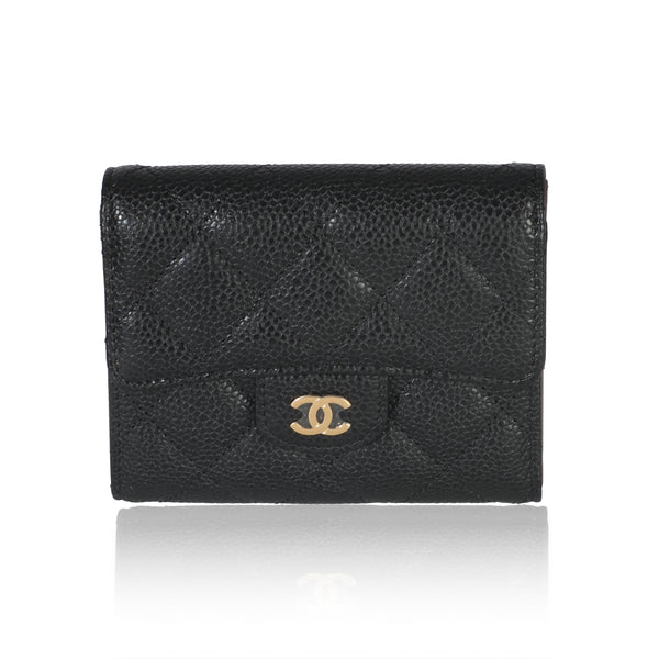 Black Quilted Caviar Compact Flap Wallet