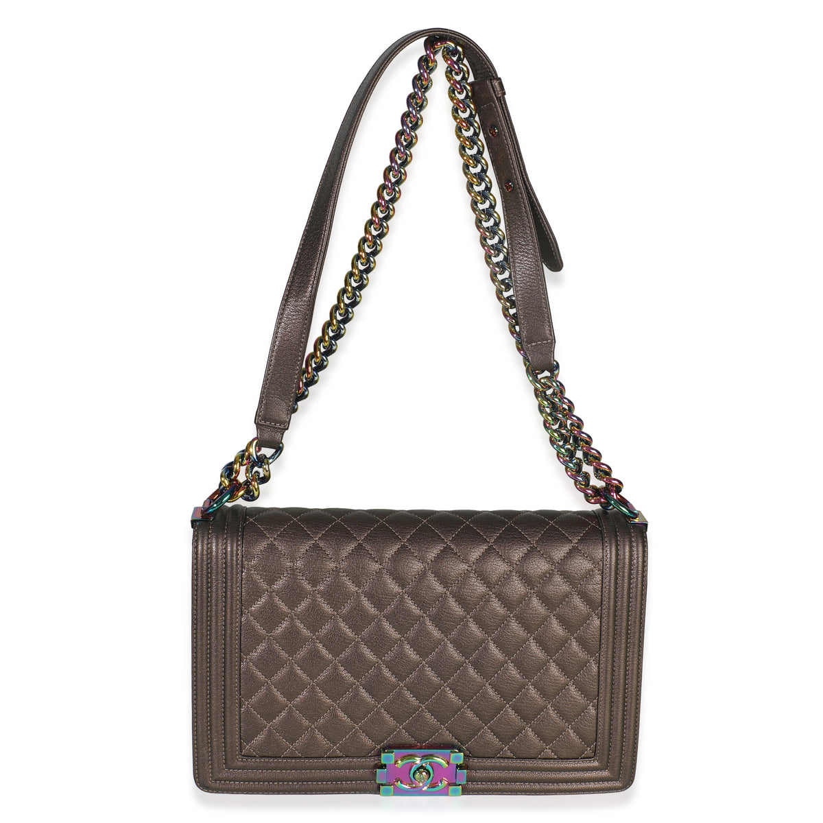 Chanel Bronze Purple Iridescent Quilted Goatskin New Medium Boy Bag Handbag clasp